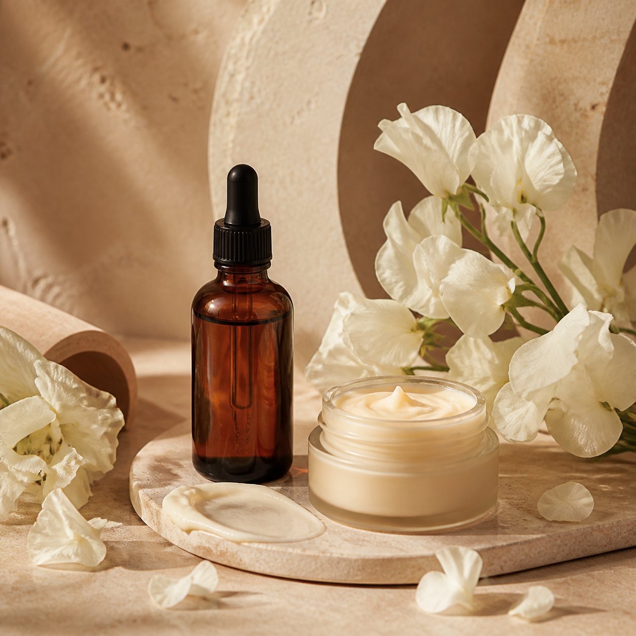 Serum and cream arranged in warm natural light